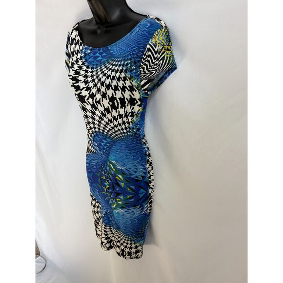 J Y2K Houndstooth Mini Bodycon Dress Size S Blue 2000s Floral Abstract Date Cute - Picture 4 of 9
